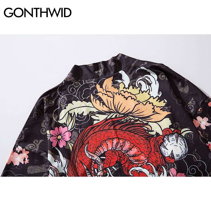 GONTHWID Harajuku Dragon Cherry Blossoms Flowers Print Kimono Cardigan Haori Jackets Streetwear Japanese Style Open Front Coats