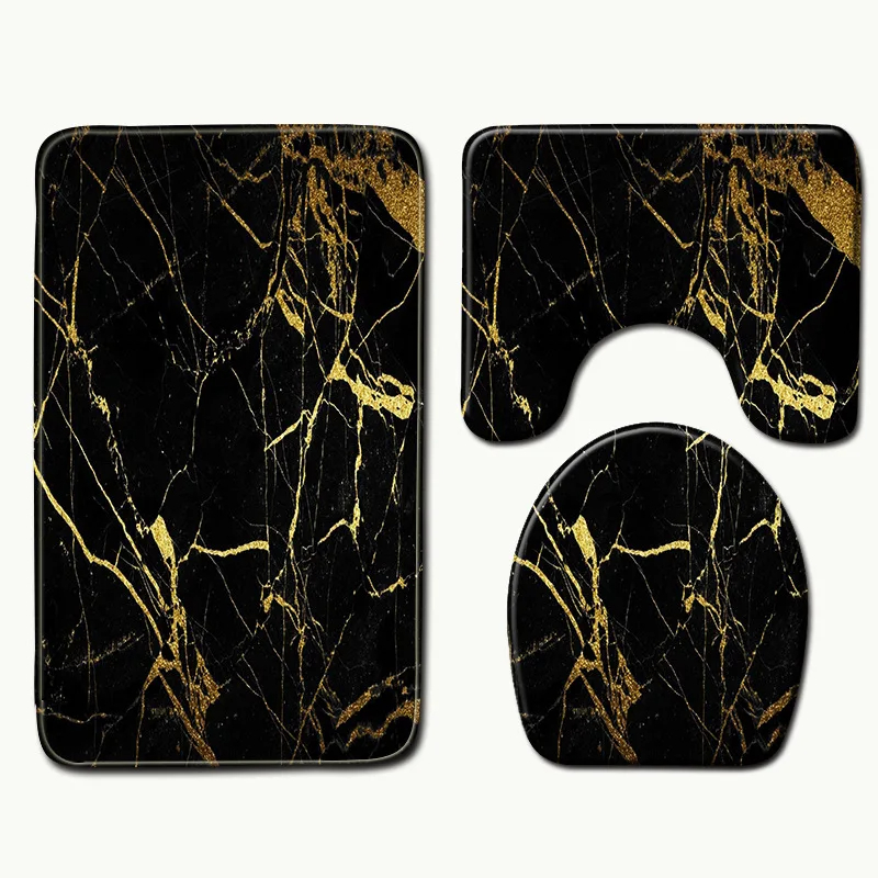 Badkamer marmeren tapijt driedelige set toiletovertrek voetmat badkamer decoratieve mat antislip waterabsorberend dik en comfortabel: Black