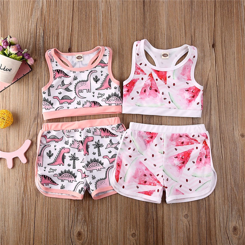 Traje de baño para niñas pequeñas, Tankini, conjunto de Bikinis sin mangas, trajes para niñas, conjunto de ropa de dinosaurio de sandía