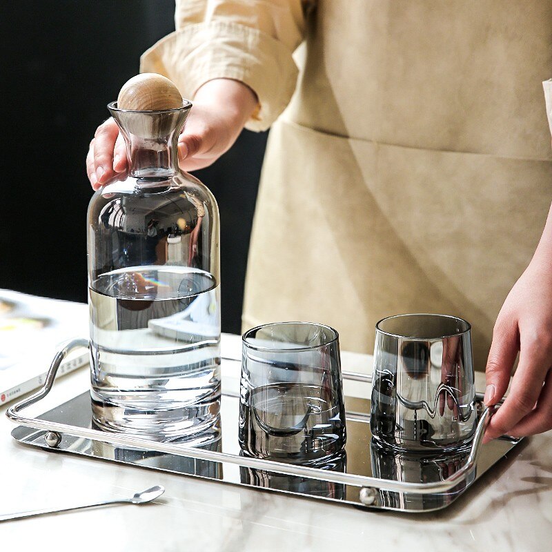 JINYOUJIA Nordic Glass Carafe Water Pitcher with Wood Lid Kettle Drinking Cup Tea Pot Juice Jug Household Drinkware