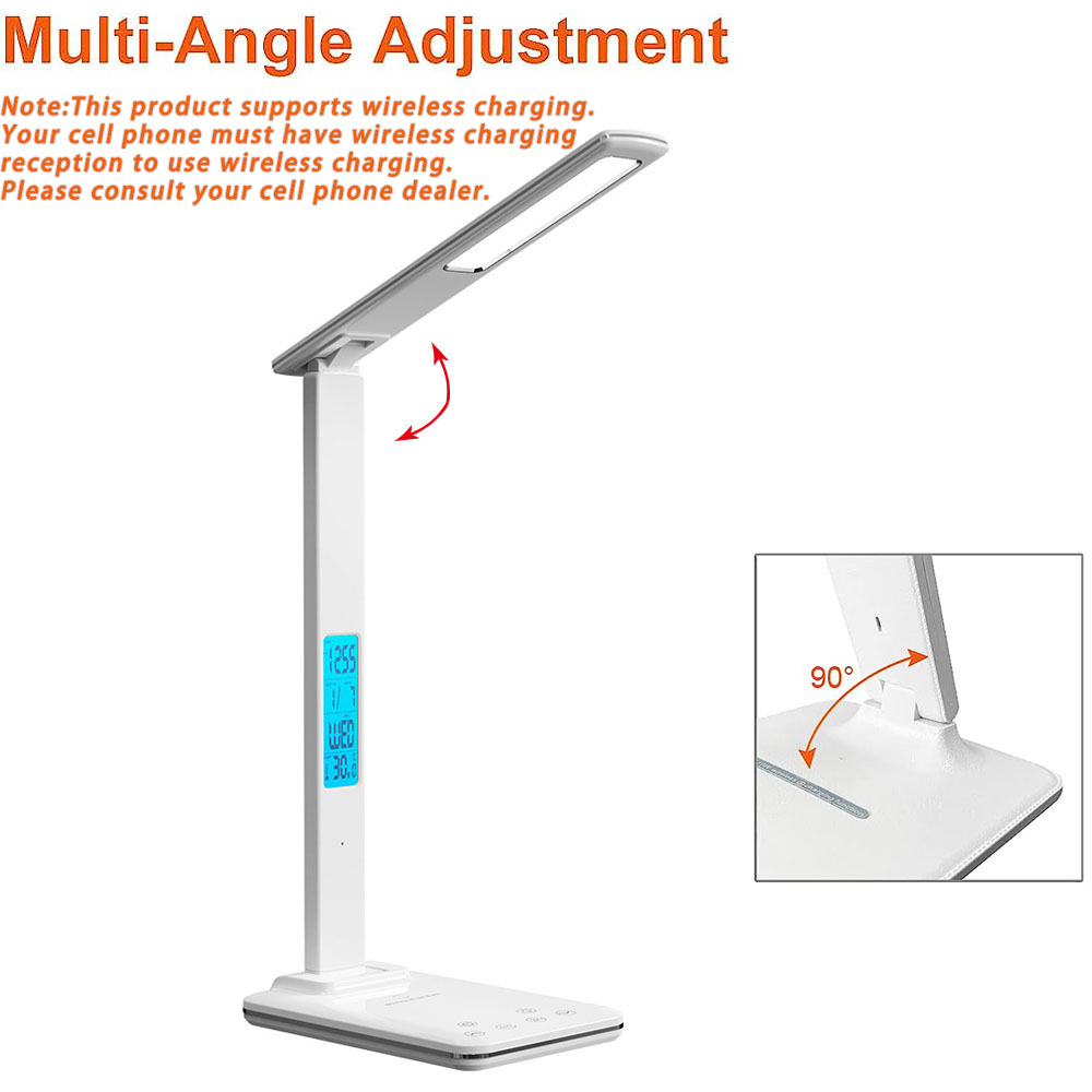 USB-LED-Schreibtisch lampe mit kabellosem Ladung kalender Temperatur Wecker Augenschutz Studie Lesen Geschäft hell Tisch lampe