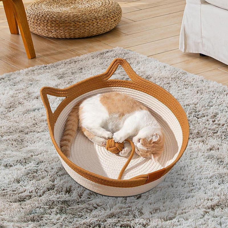 Schreibtisch Nest Katzenbett Handgewebte Katzenhängematte Waschbar Atmungsaktives Baumwollseil Haustierbett Faltbares Katzenbett Mit Lustiger Katzenball Für Haustiere