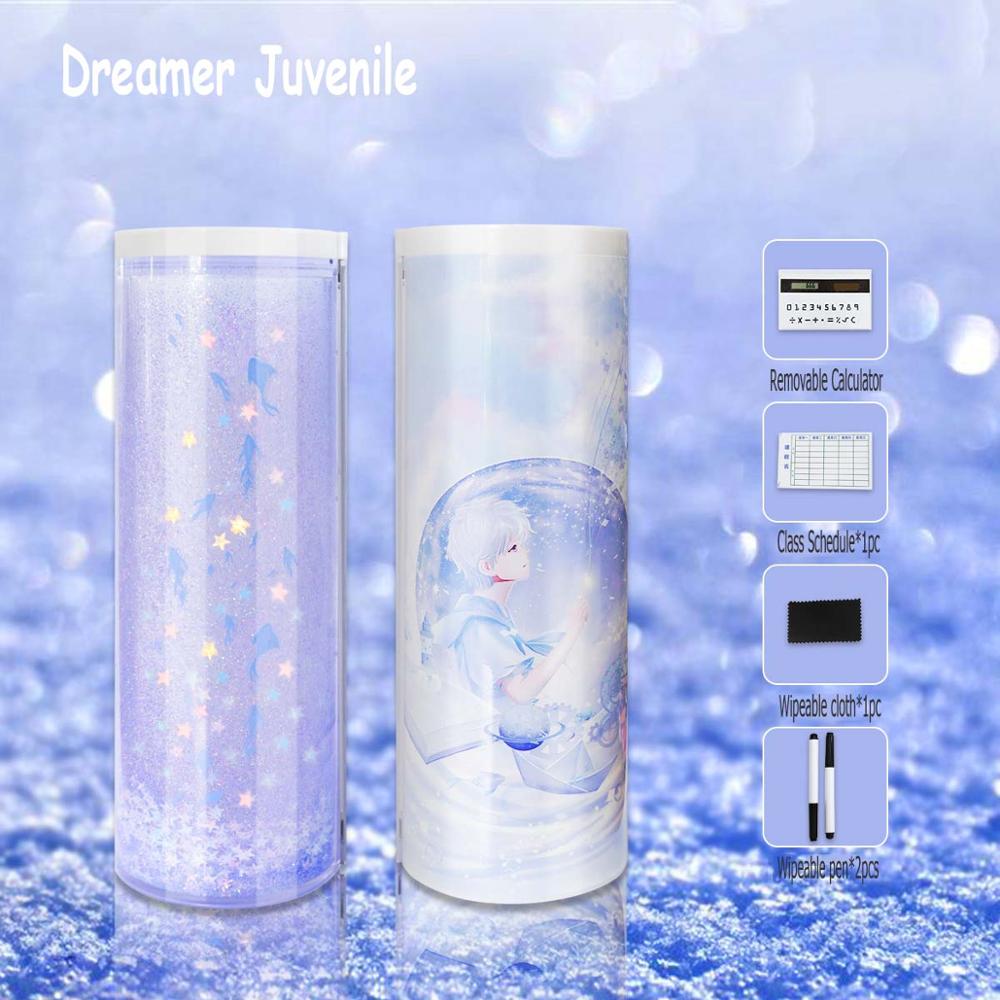 Ceative Cylindrical Pencil Box Case Quicksand Translucent Multifunction Pen Box Inner Solar Calculator Mirror Whiteboard