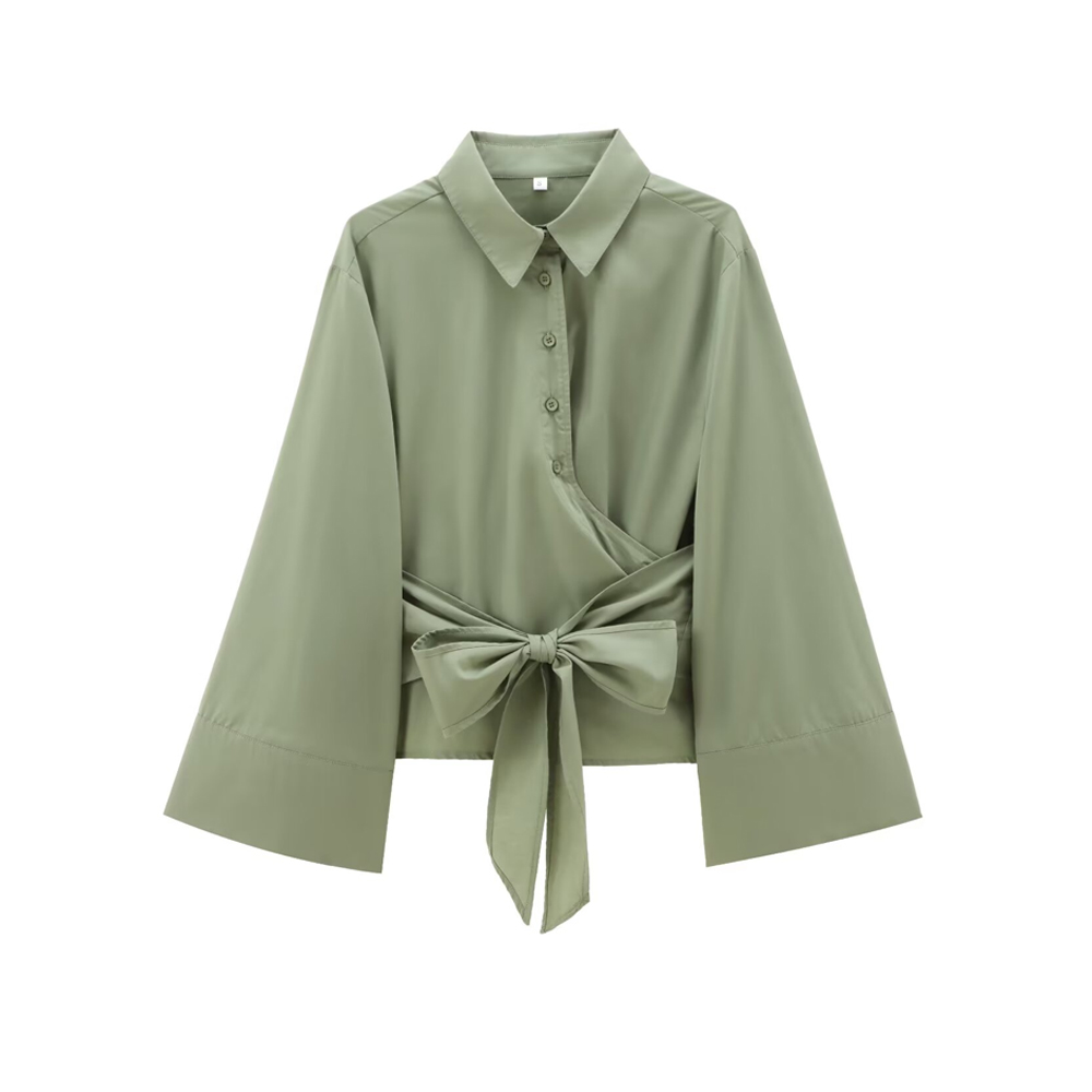 TRZA-Women's Long Sleeve Kimono Blouses With Bow Tie, Front Button, Female Shirts, Chic Tops,: L / green