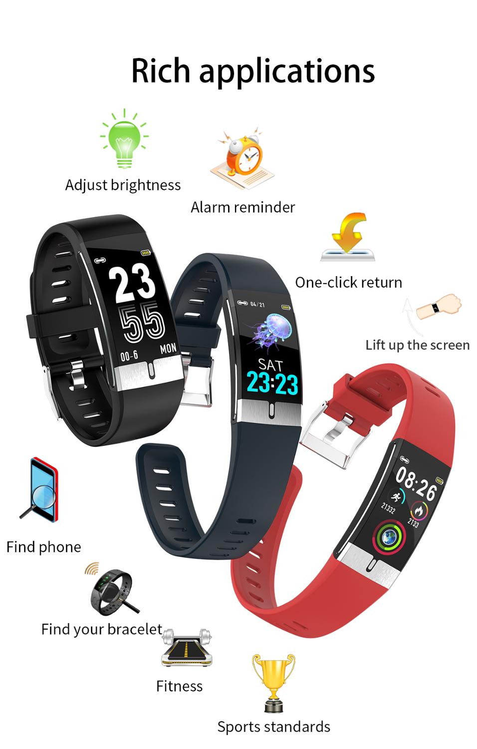 Smart klocka herr  e66 kroppstemperatur ecg ppg vattentätt sportarmband blodsyre puls smartklocka för ios android