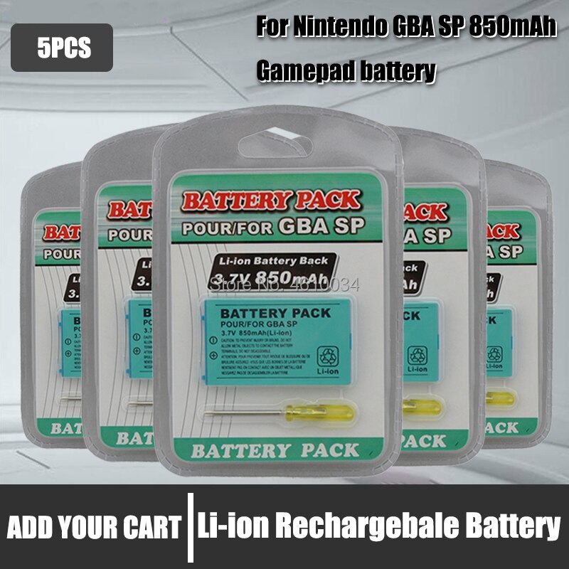 3.7V 850 mAh Rechargeable Battery for Nintend Game Boy Advance SP Systems with Screwdriver lithium battery: 5pcs