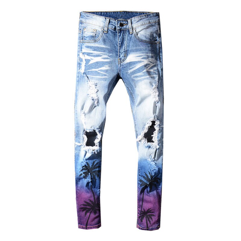 Herr manlig man kokospalmtryckt färgade slitna jeans slim fit hål distressed stretch jeansbyxor