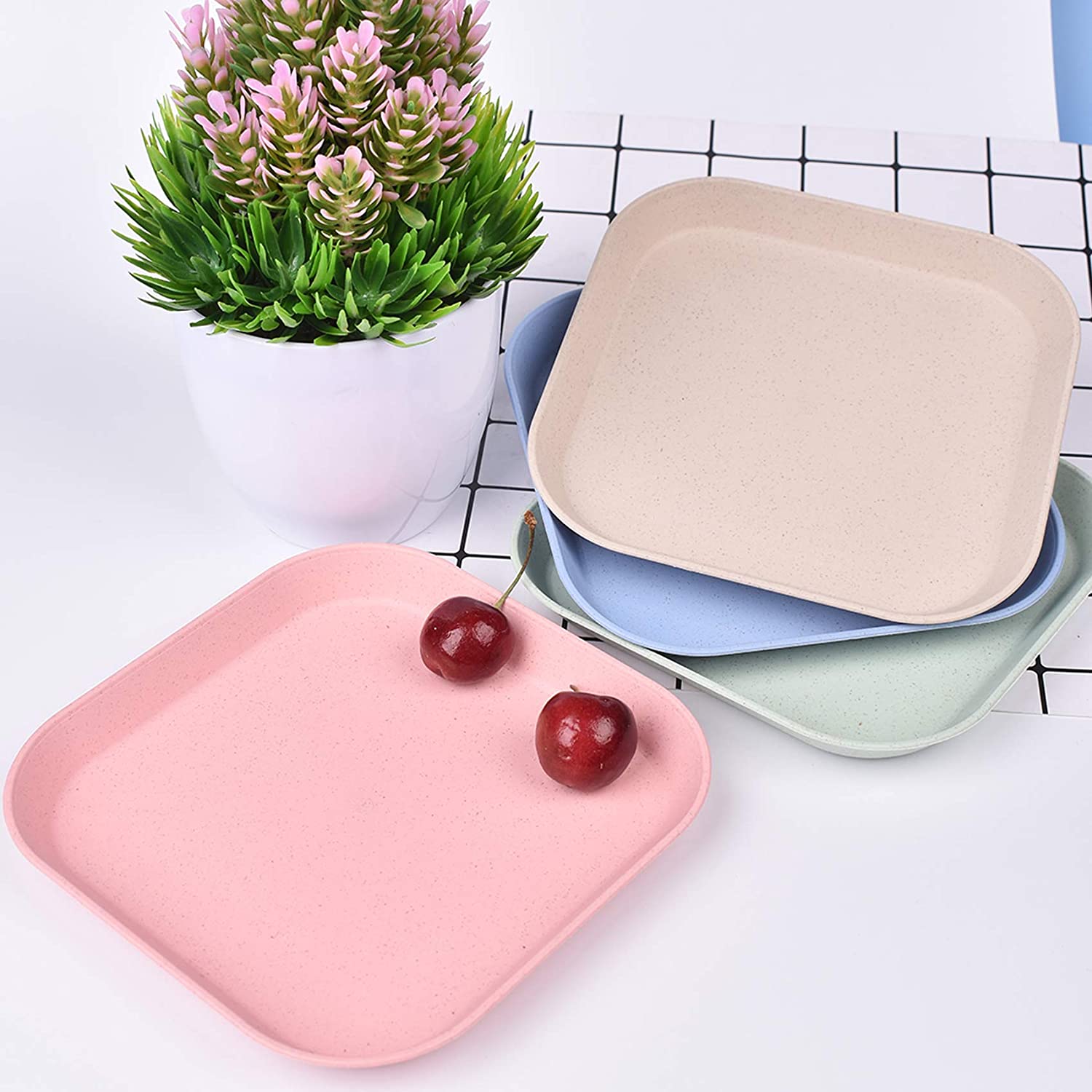 4pcs Square Dish Dinner Plates Anti Wheat Straw Plate Dishes Healthy Tableware Household Snack Spit Bone Trash Fruit Dish