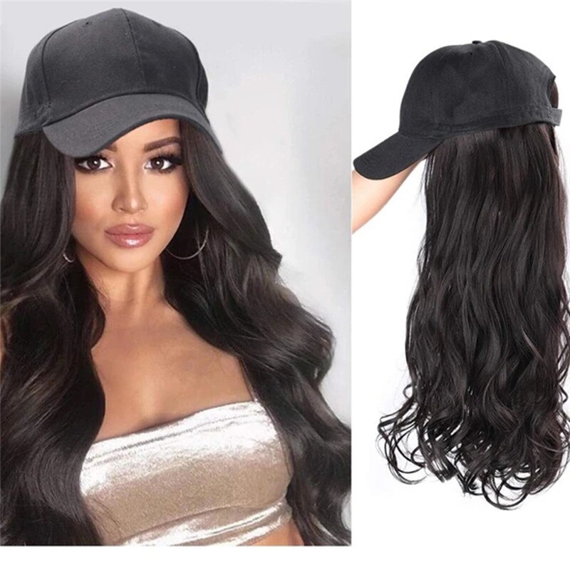 Long Synthetic Baseball Cap Hair Wig Natural Black / Brown Wavy Wigs Naturally Connect Synthetic Hat Wig Adjustable For Girl: Brown Black