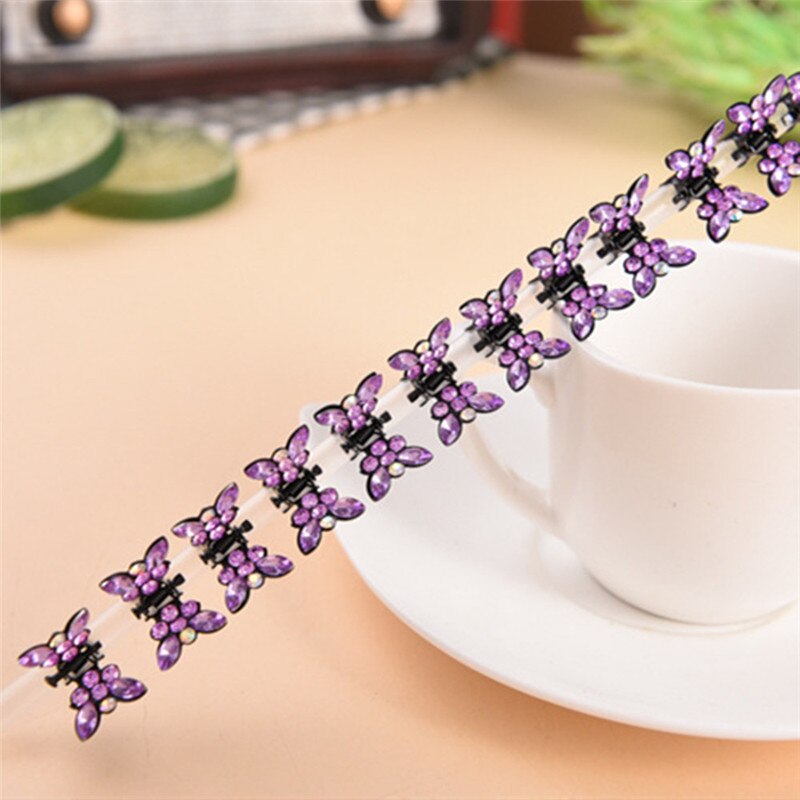 Conjunto de 12 pinzas pequeñas para el pelo con forma de mariposa para mujer, pinzas de Metal para el pelo con diamantes de imitación, para cangrejo, accesorios para el cabello: Purple