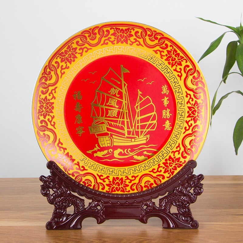 Chinese Stijl Jingdezhen Royal Rood Porselein Decoratie Zeilboot Ronde Plaat Houten Base Set