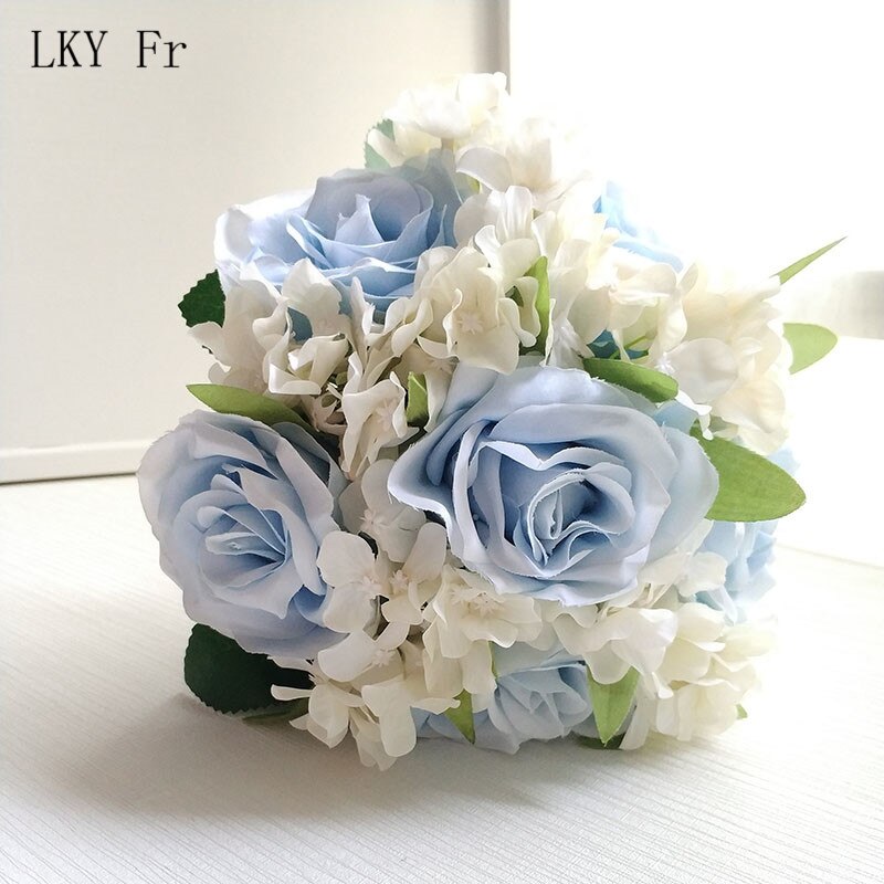 Lky fr bryllupsbukett silke roser brudebukett kunstige blomster bryllupsbuketter til brudepike dekor bryllup tilbehør: Lyseblå bukett