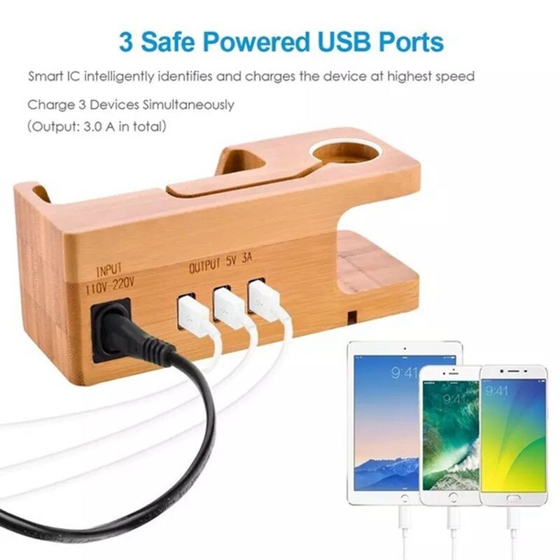 3- port usb oplader telefon arrangør stativ, vugge holder til apple watch & 15w 3a desktop bambus træ ladestation til iwatc