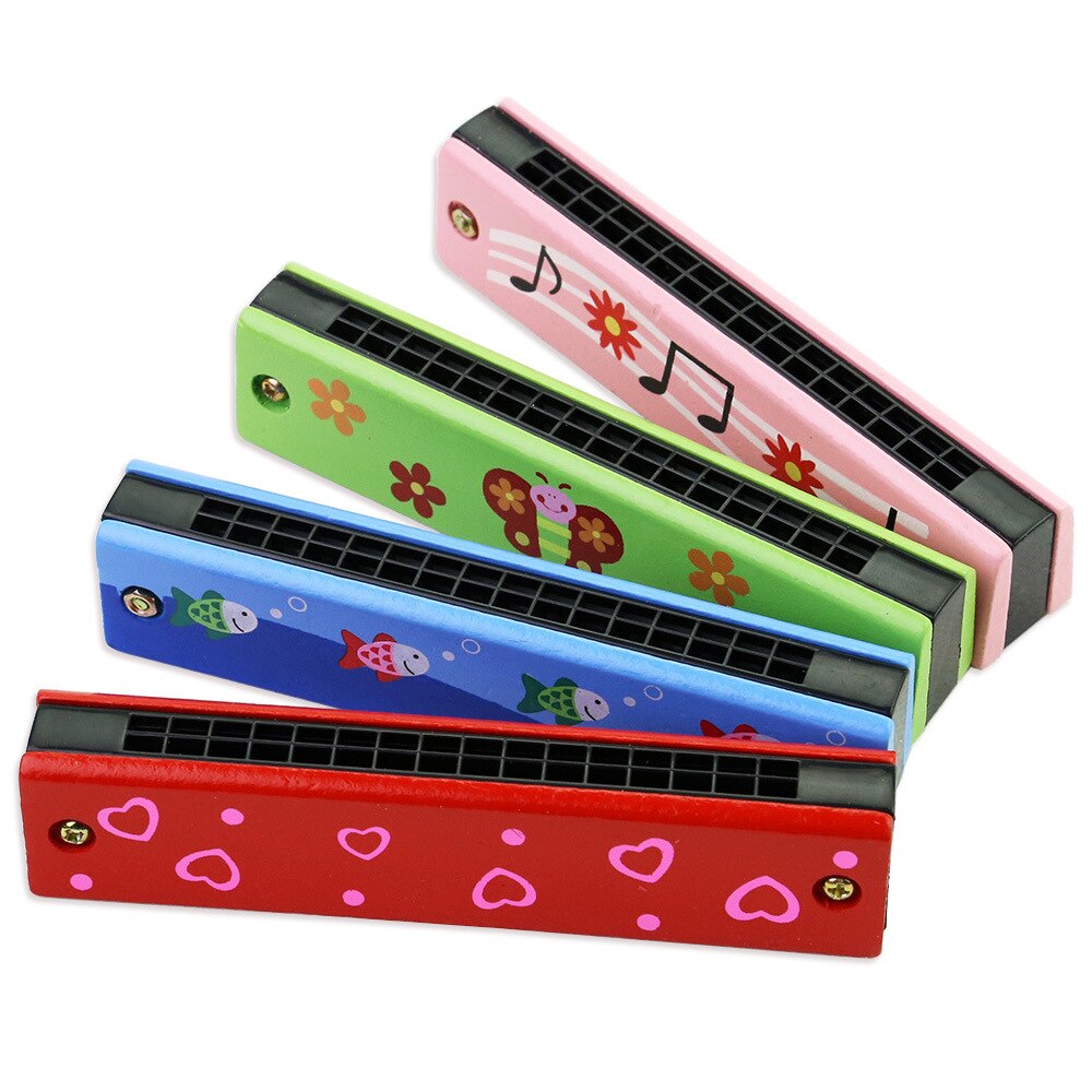 Double Row 16 Hole Harmonica Musical Instruments Children's Wooden Painted Harmonica Early Education Toy Teaching