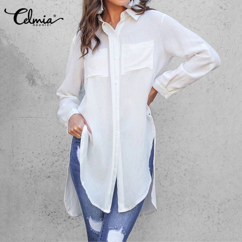 Revers Nacken Blusen Frauen Lange Hemden Celmia Frühling Sommer Unregelmäßigen Saum Teilt Tunika Spitzen Elegante Blusas Plus Größe