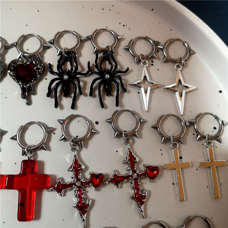 Goth oregelbundet hjärta kors spindel spiral rostfritt stål örhängen kvinnor män grunge  y2k smycken 2000s scen emo accessoarer