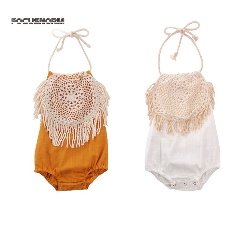 Focusnorm Baby Meisjes Jongens Kwastje Bodysuits Mouwloze Effen Riem Zomer Leuke Jumpsuits 2 Kleuren