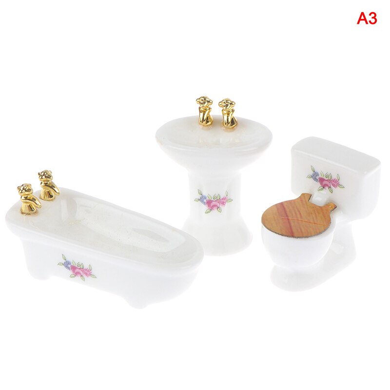 1Set(3pcs) 1/24 Dollhouse Miniature Bathroom Set Ceramic Bathtub Toilet for Dolls House Furniture Play Toy 3Styles: 3