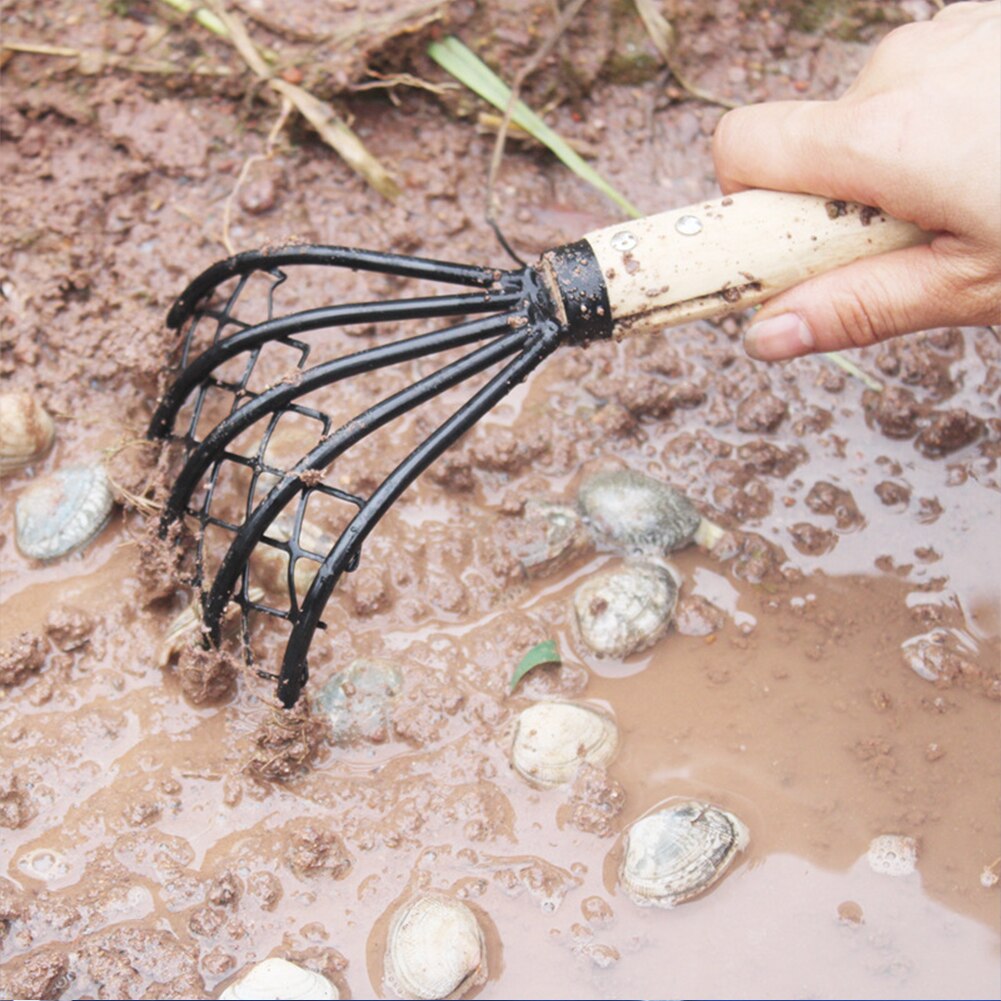 Clam Rake With Net Dig Seafood Conch 5 Claw Clam Rake Home Weeding Farming Tool Wood Handle Pitchfork 5-Tine Shell Digging Tool