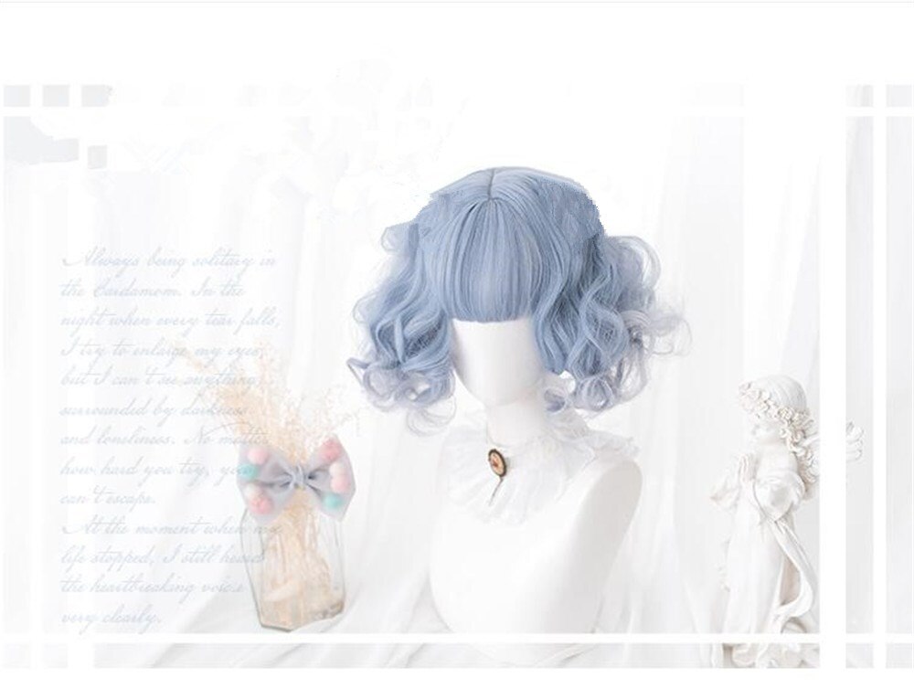 Lolita-perruque pour Cosplay de couleurs mélangées bleu clair, avec franges mignonnes, avec oreilles, cheveux pour fête, D052: style 4