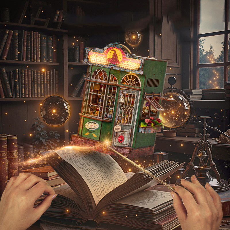 DIY Wooden Dollhouse Magic Shop Miniature Furniture Kit Book Nook Assemble Building Block Toys for Children Adult Casa