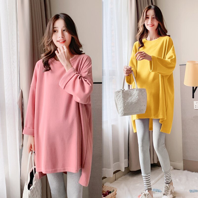 Good Pregnant Women Long Loose T-shirt Solid Color High Low Irregular Maternity Cotton Tees Plus Size Pregnancy Tops