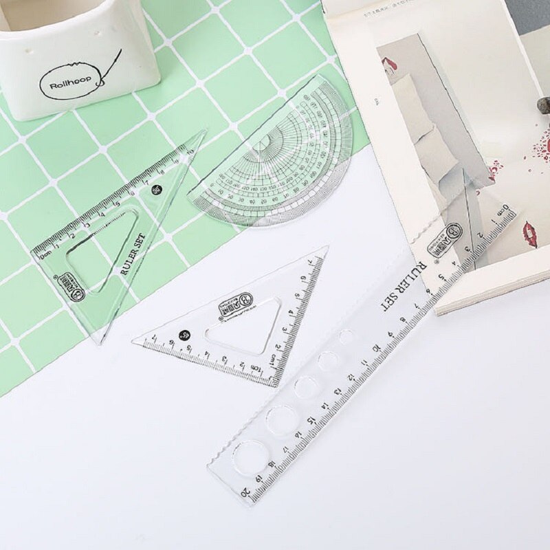 Stationery student 20cm ruler set multi-purpose ruler set 4-piece plastic ruler tripod protractor set