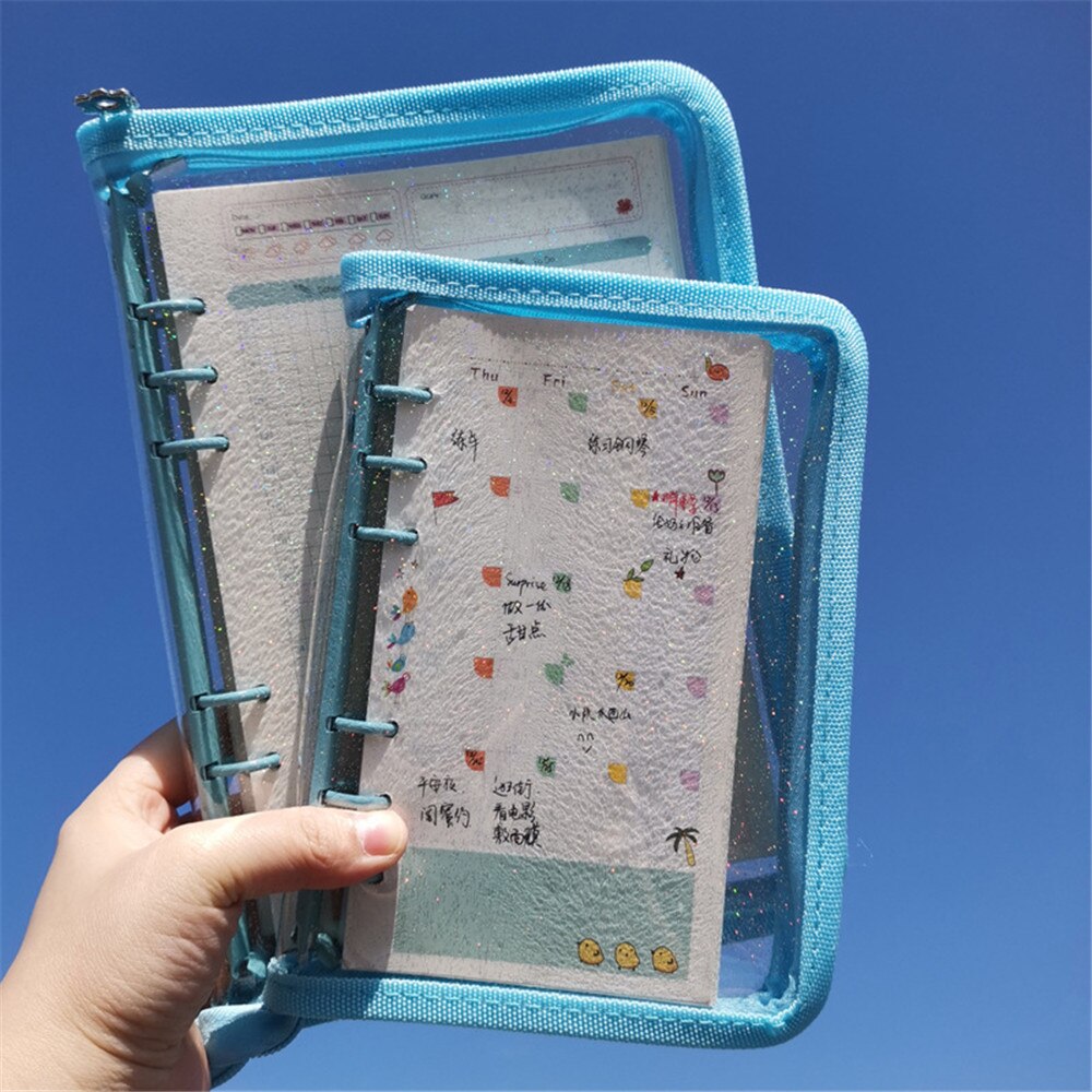 A5 A6 6 Ringband Glitter Rits Pvc Losbladige Notebook Cover Koreaanse Briefpapier Dagboek Journal Notebook School Kantoor levert: Blue / A6