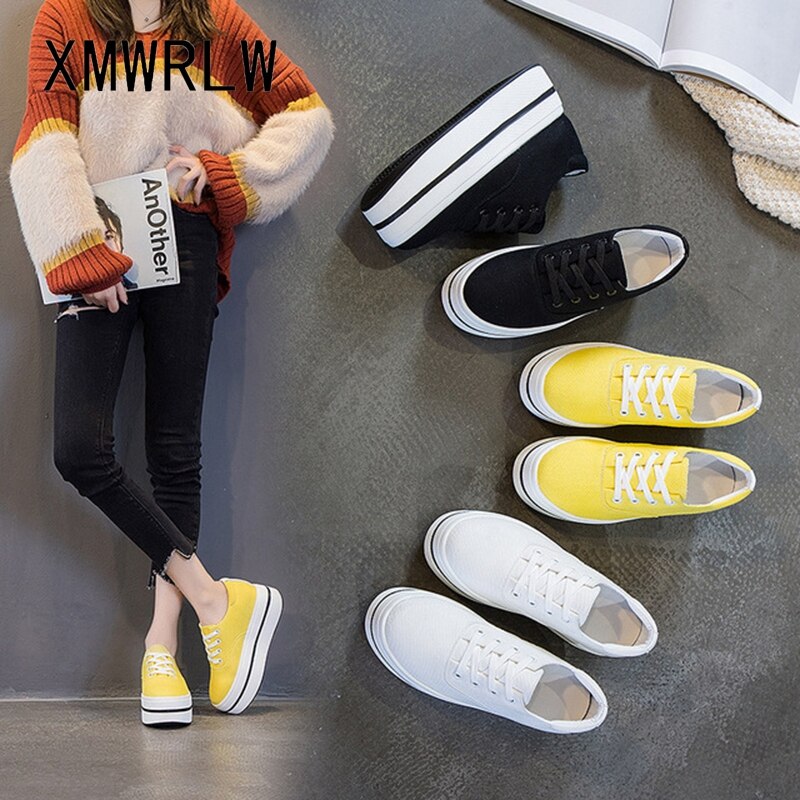 Chunky sneakers dam vår sommar andas canvas skor dam sneakers högklackat kvinna platåskor kvinnlig sko