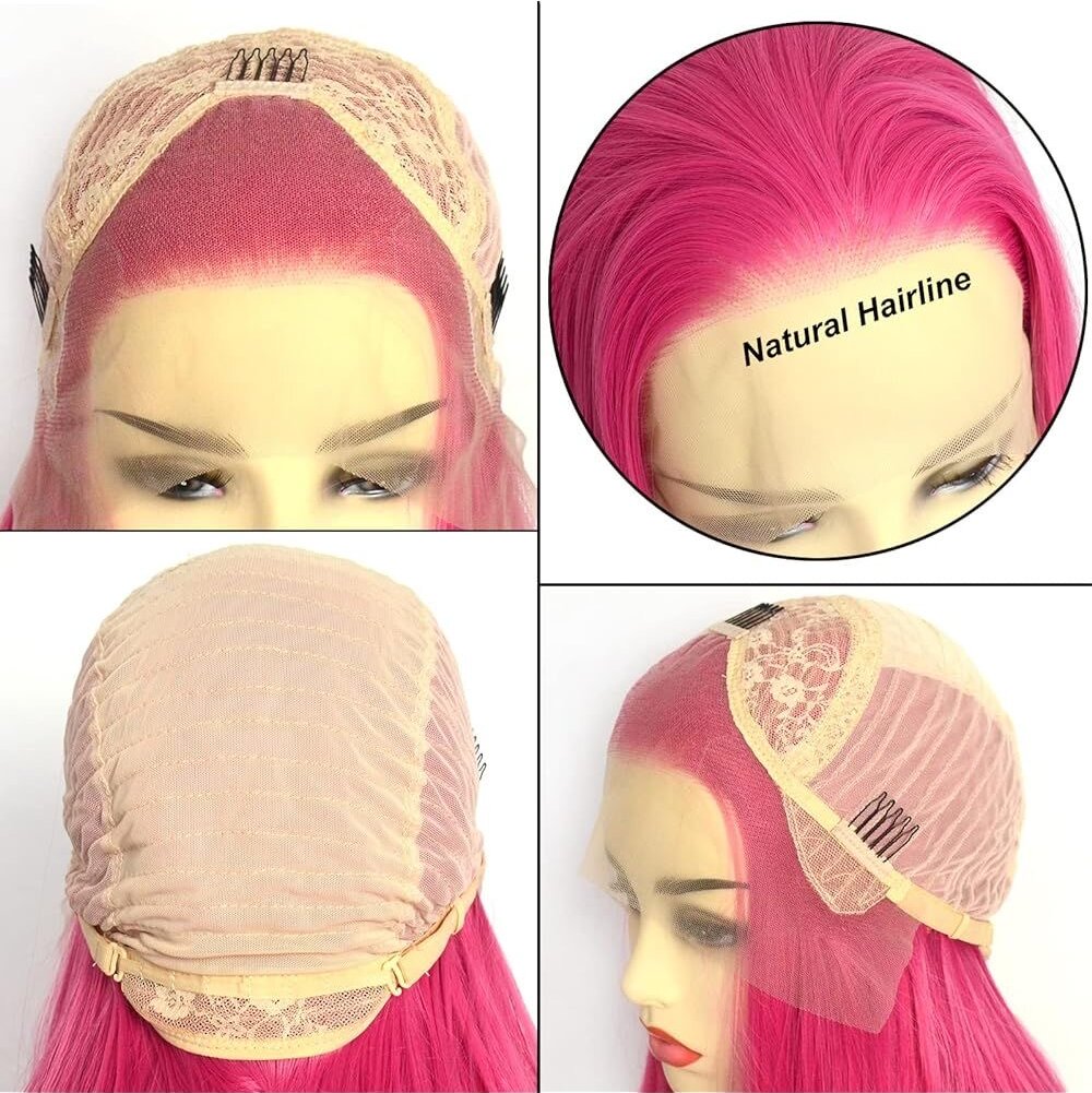 Perruque Lace Wig synthétique lisse Rose, sans colle, naissance des cheveux naturelle, usage quotidien, longue perruque Rose, partie de Cosplay, cheveux avant