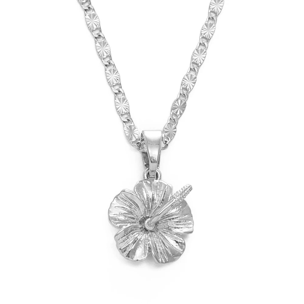 Anniyo-collar con colgante de flor de hibisco hawaiano, joyería Marshallese, Puerto Rico, Guam, Micronesia, Pohnpei, de deshierbe # 239606: 45 cm / PLATEADO