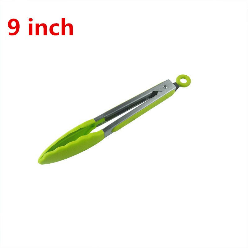 Keuken Tang Food Grade Dikke Siliconen Hoofd Roestvrij Staal Koken Tong Clamp Handvat Keukengereedschap Bbq Tool 9 Inch/8 Inch: Green