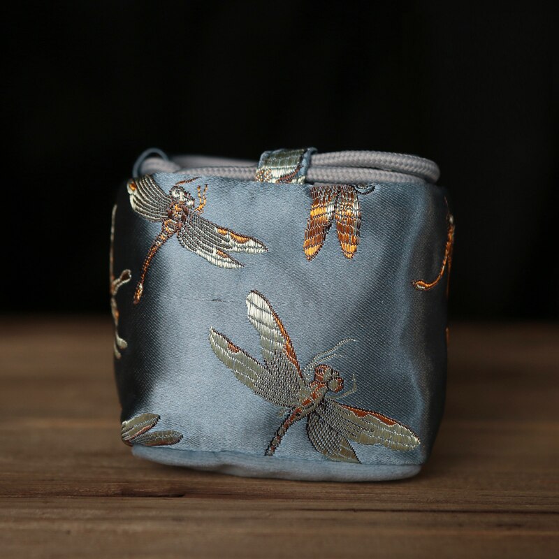 Bordado de brocado de seda, bolsa de té Manual gruesa portátil, bolsa de almacenamiento de taza de té, accesorios de juego de té, ZB83: S / Gris claro