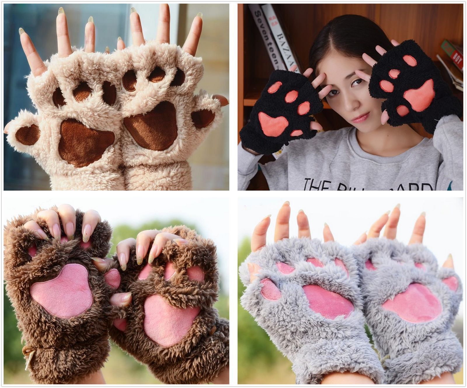 Winter Vrouwen Leuke Kat Claw Paw Pluche Wanten Korte Vingerloze Handschoenen Half Vinger Handschoenen
