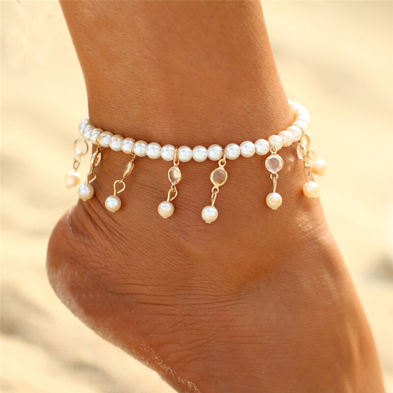 zierlich Boho Strand Perle Fußkettchen Nette Böhmischen Knöchel Armbänder Perle Anhänger Waffel geschichtet Baumeln Bein Fuß Kette für Frauen Mädchen: Default Title