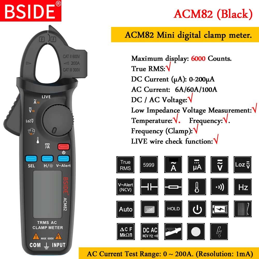 BSIDE True RMS Clamp Meter 1mA Plier Ammeter Car Repair Digital Multimeter DC AC Current Volt Temp Capacitor Tester: ACM82-black