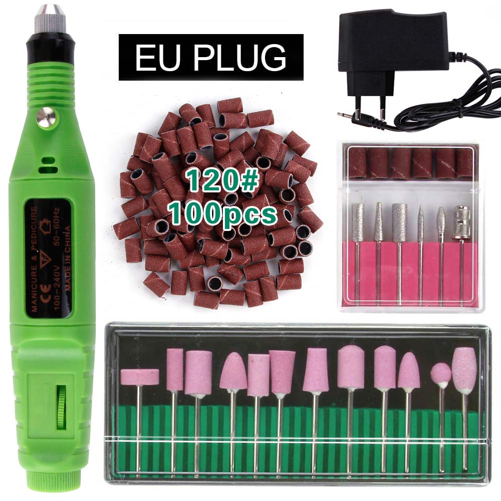 Elektryczne aparaty do Manicure urządzenie do Pedicure kwarcowe wiertła do paznokci 100Pc szlifowanie taśmy szlifierskie pilnik do paznokci bufor żel usuń: Green EU Plug 120