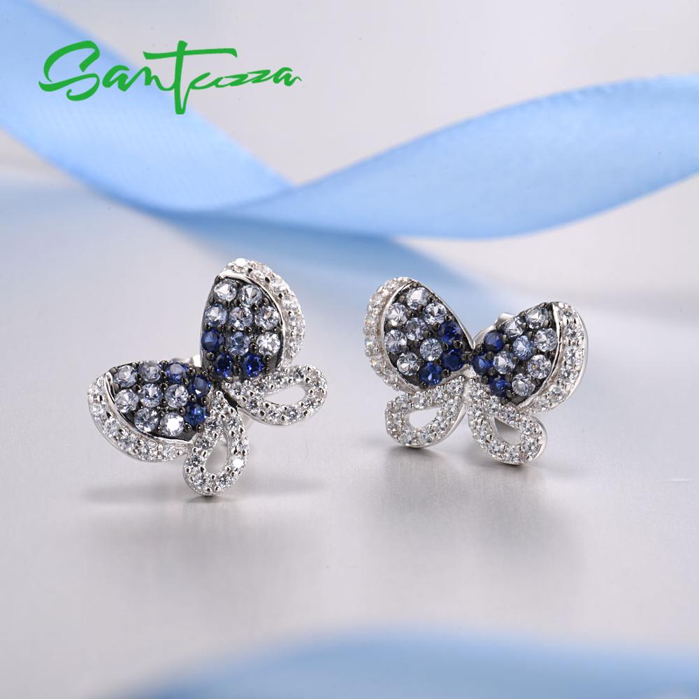 SANTUZZA Silber Ohrringe Für Frauen Echtes 925 Sterling Silber Elegante Blau Schmetterling modisch Zucht Ohrringe серьги Edlen Schmuck