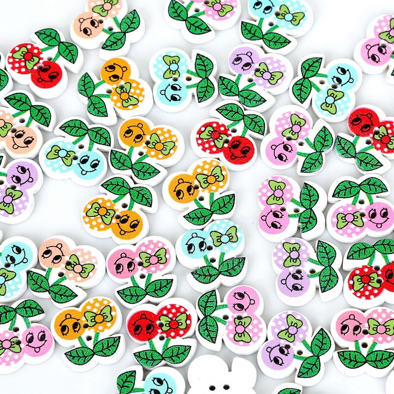 20x20mm 50pcs Cute Cherry Decorative Buttons Sewing Buttons Scrapbooking Wooden Buttons Crafts DIY Sewing Accessories
