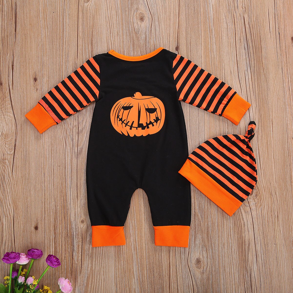 Focusnorm herfst kinderen meisjes jongens rompers mutsen halloween pompoen print lange mouwen gestreepte jumpsuits feestoutfits