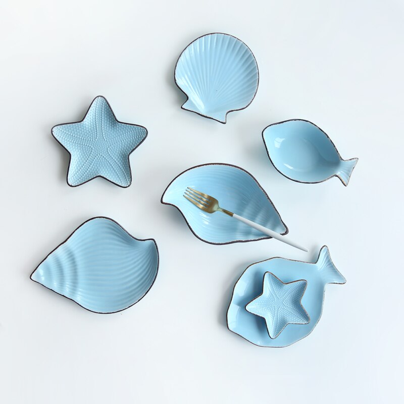 Ceramic Ocean Style Plate Whale Fish Dish Shell Starfish Trumpet Shell Bowl Blue White Porcelain Dinnerware Serving Platter