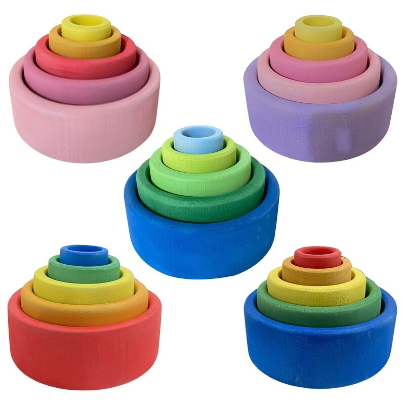 5 pz Del bambino Arcobaleno Di Legno che impila Creativo per Bambini Giocattoli Educativi Regali per Bambini Impilabile Gioco di Apprendimento Blocchi di Costruzione