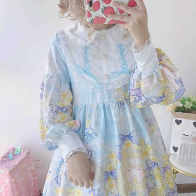 Japanese Lolita Dress Daisy Girl Long Sleeve Op Dress Japanese Small Fresh sweet dress: Blue