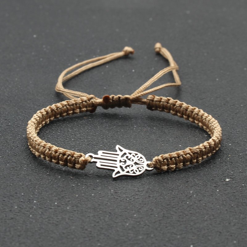 handgefertigt Geflochtene rot Gewinde Seil Armbinde Edelstahl Fatima Hand Charme Armbänder für Frauen Männer Paare Freundschaft Schmuck: khaki