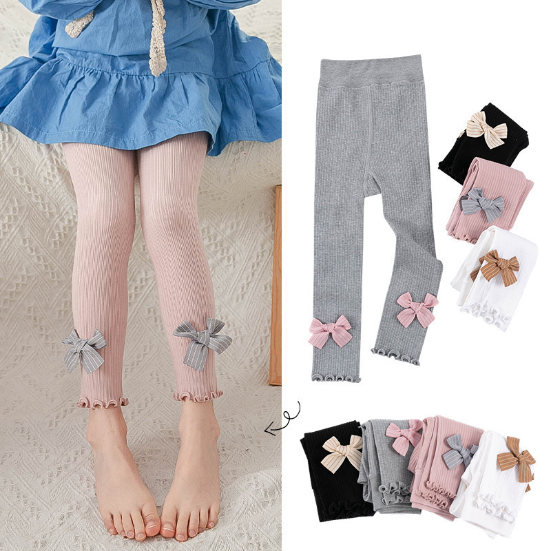 Girls Leggings Spring Autumn Cotton Baby Girls Ribbed Pants White Pink Gray Black Baby Toddler Pants Little Girl Bow Tie Pants