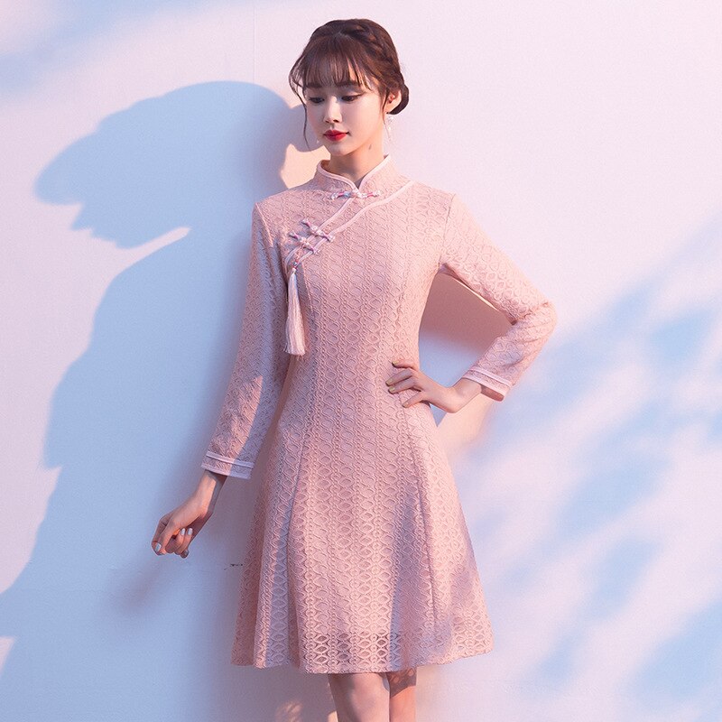 1 Stks/partij Chinese Stijl Vrouw Kanten Jurk Rood Roze Jurk Cheongsam Nieuwjaar Kerst Jurken Vrouwen Lange Mouwen Qipao