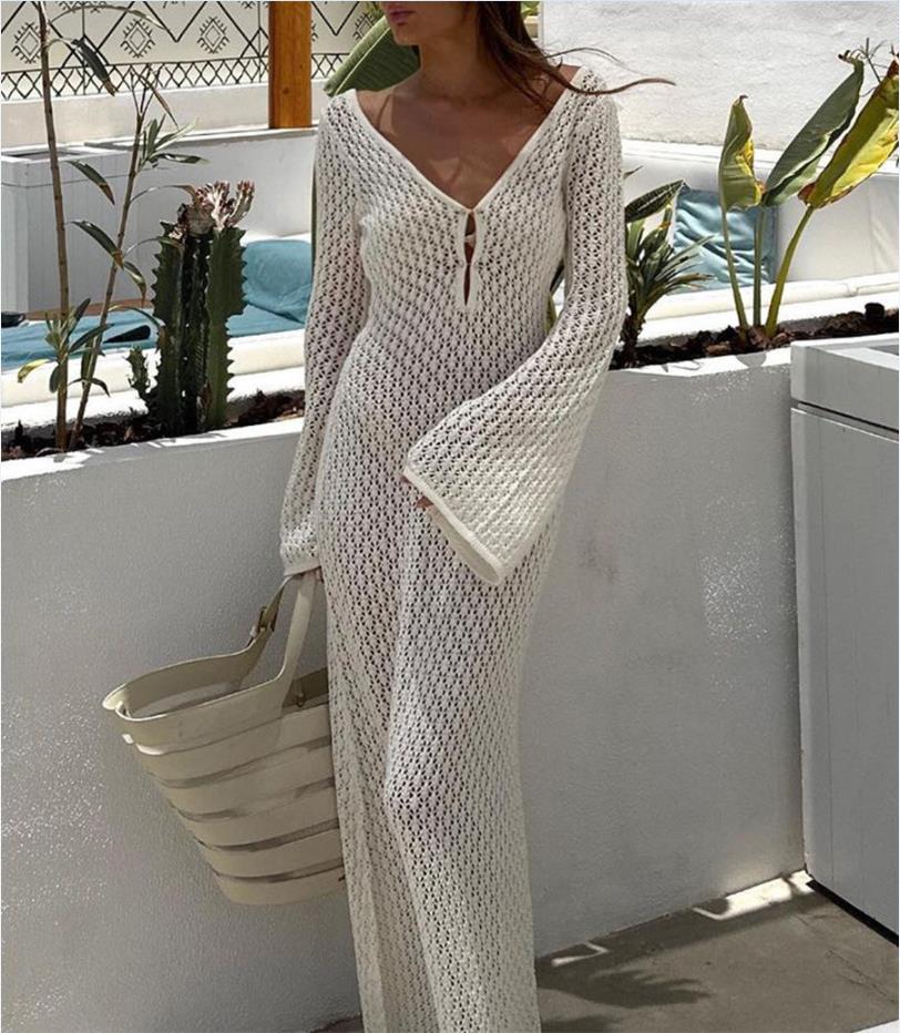 Yiiciovy Sexy Damen-Strandkleid, lang, gestrickt, ausgehöhlt, tiefer V-Ausschnitt, langärmelig, Bikini-Vertuschungen, Kleid, Herbst, rückenfrei, Urlaubskleid
