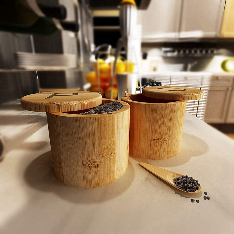 Bamboo Salt And Pepper Cellar,Spice Containers,Swivel Lids - 2 Boxes With Spoons - Engraved With S And P