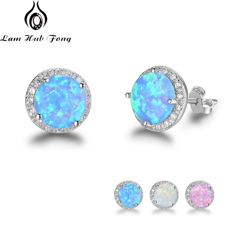 Classic 925 Sterling Silver Stud Earrings Round White Pink Blue Opal Earrings with Cubic Zirconia Jewelry (Lam Hub Fong)