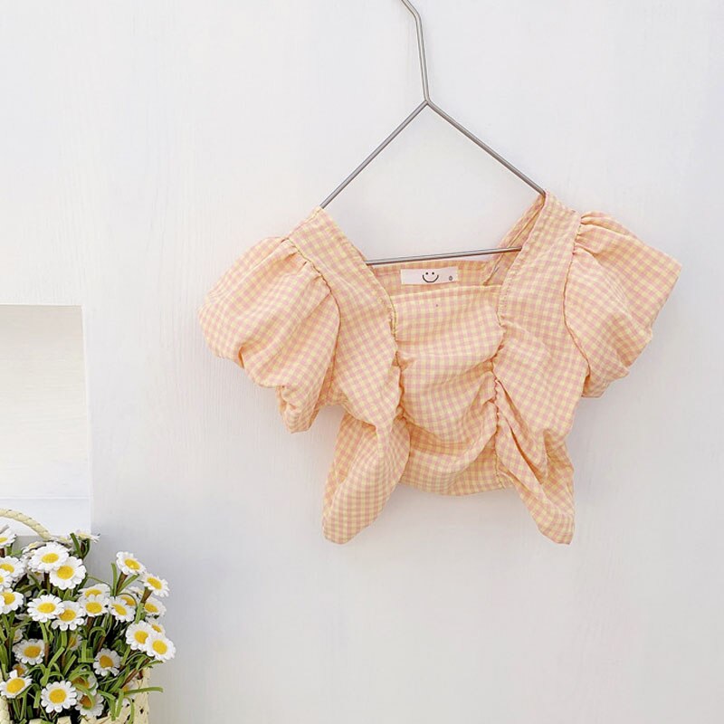 Zomermeisjes blouse baby shirt kinder topjes kinderkleding paars geruit geplooid gerimpeld pofmouw 1 to 9 jaar: Geel / 18m